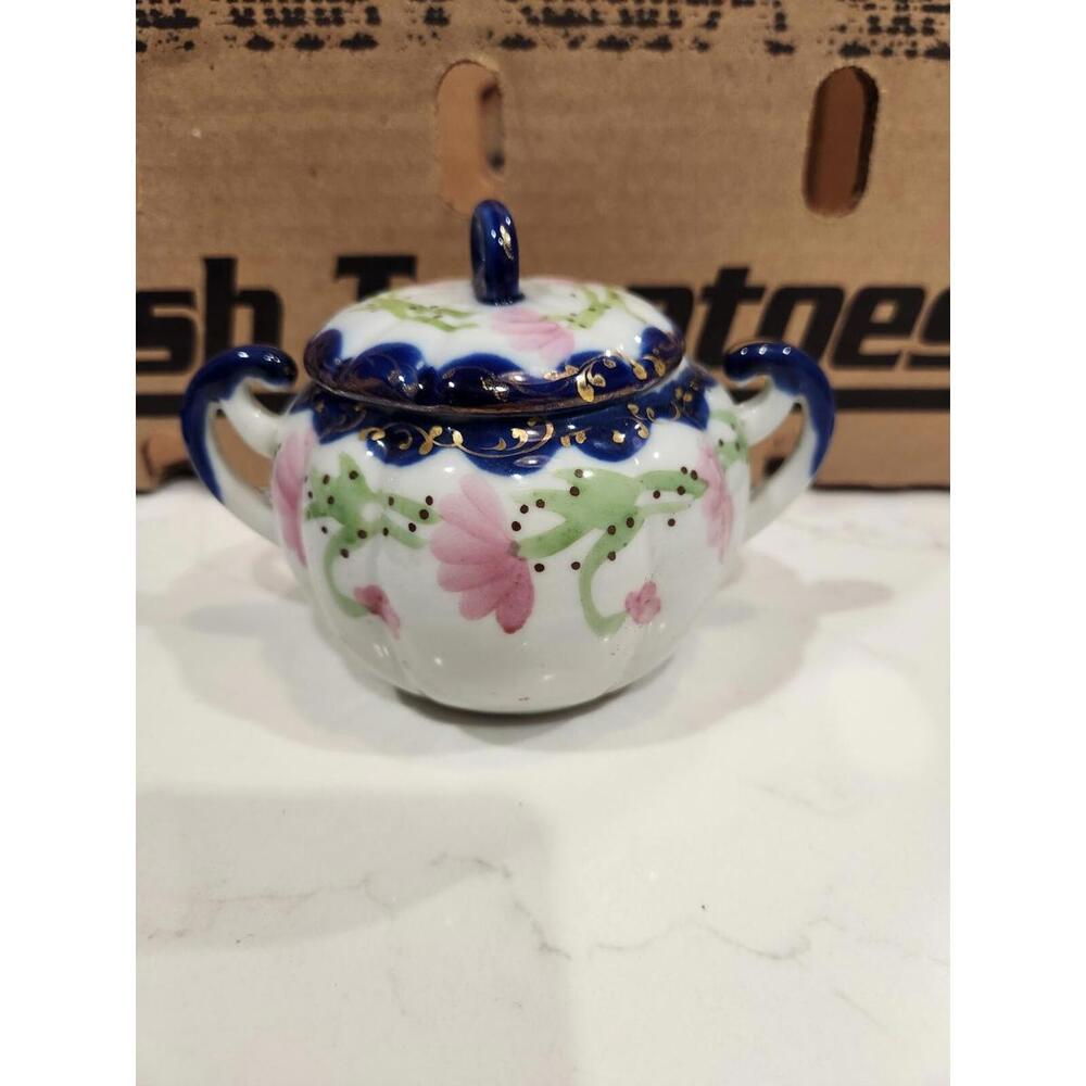 Nippon Sugar Bowl With Lid 3.5" Tall Hand Painted Flower Cobalt Gold Floral
